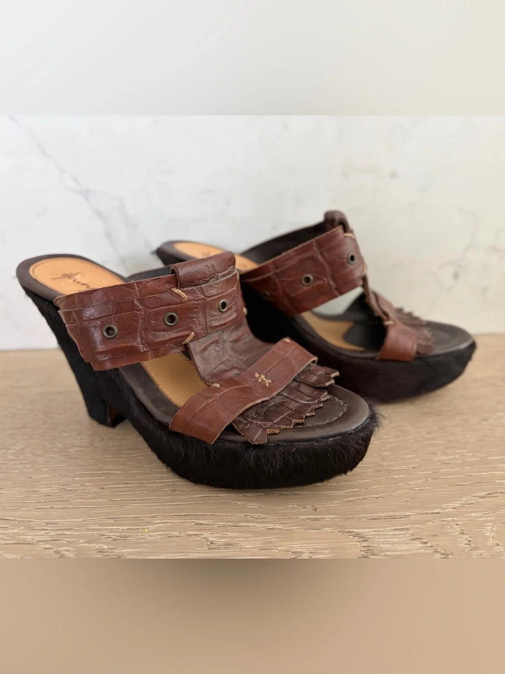Henry Beguelin Made in Italy Pony Hair And Brown Leather Platform Wedge Mules